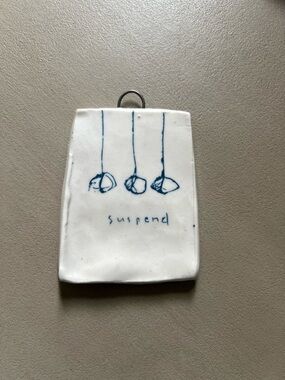 Original Handmade Ceramic Wall Plaque “Suspend" Signed Anable Blue & White